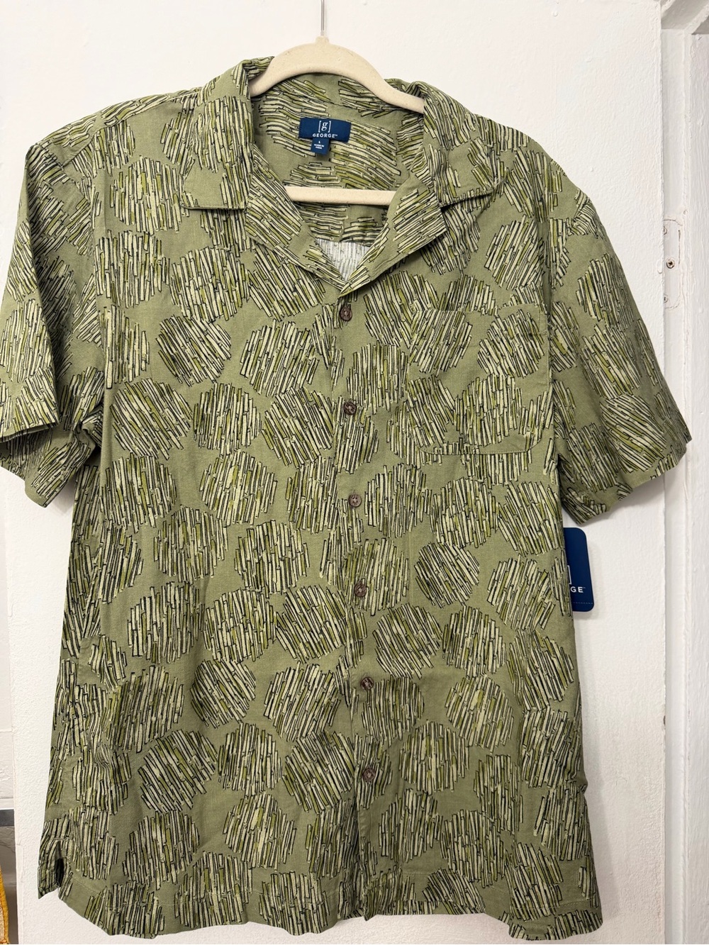 George Olive Green Short Sleeve Button-Down Shirt with Abstract Print